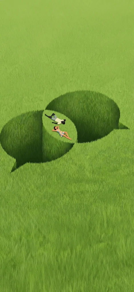 Illustration conceptuelle montrant deux grandes bulles de dialogue taillées dans un champ d'herbe verte, où un homme et une femme se détendent, symbolisant l'engagement organique et la conversation générés par des posts LinkedIn optimisés.